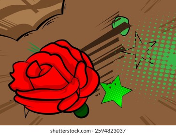 Cartoon Red Rose, comic book Holiday. Retro vector comics pop art design.