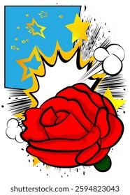 Cartoon Red Rose, comic book Holiday. Retro vector comics pop art design.