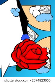 Cartoon Red Rose, comic book Holiday. Retro vector comics pop art design.