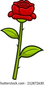 Cartoon Red Rose Flower With Stem. Vector Hand Drawn Illustration Isolated On White Background