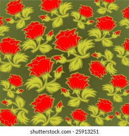 Cartoon  red roses pattern on a green background.