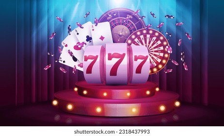 Cartoon red round podium with Casino slot machine, Wheel Fortune, Roulette wheel, poker chips and playing cards on background with curtain and spotlight