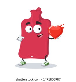 cartoon red rubber medical warmer character mascot keeps the heart on white background