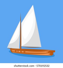 cartoon red sailing ship at the blue background