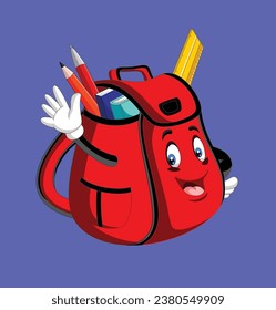 Mochila de la escuela roja de dibujos animados saludando con mano 