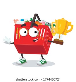 cartoon Red Shopping basket with grocery products mascot holds the number one cup on white background