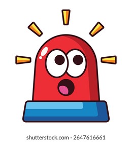 Cartoon red siren alarm with shocked face and flashing lights isolated on white background.