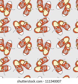 Cartoon red sneakers background. Vector seamless pattern.