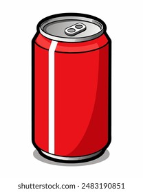 Cartoon red soda can on white background with various keywords