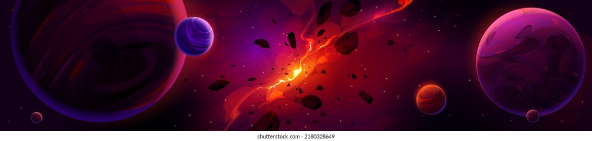 Cartoon red space background with glowing galaxy nebula and flying rocks and planets in dark starry sky. Birth of new star, explode in universe. Fantasy alien world, cosmos view, Vector illustration