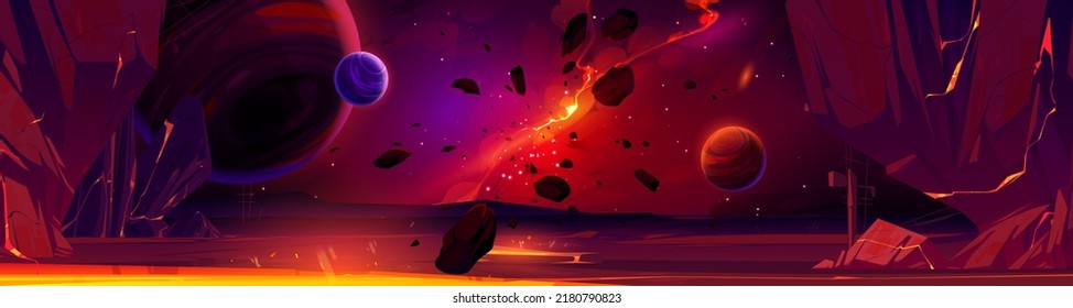 Fondo del espacio rojo caricatura con nebulosa de galaxia brillante y rocas voladoras y planetas en cielo estrellado oscuro. Nacimiento de una nueva estrella, explota en el universo. Mundo extraterrestre de fantasía, cosmos view, Vector ilustración