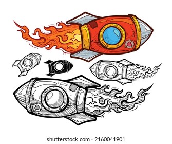 Cartoon red space rocket flying with heart sticker and fire on white background with planets. Isolated vector postcard or t-shirt design.