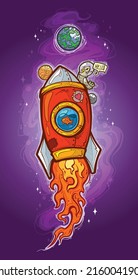 Cartoon red space rocket flying with fish and pigeon on violet background with planets. Vector postcard or t-shirt design.