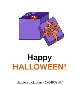 Cartoon red spider peeps out of a purple box. Open gift box with funny smiling arachnid inside. Happy Halloween text. Flat vector illustration. Design for Halloween card, invitation.