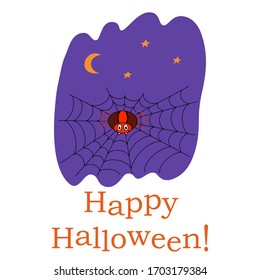 A cartoon red spider is sitting in the center of the web. Funny smiling arachnid. Happy Halloween text. Flat vector illustration. Design for Halloween card, invitation.