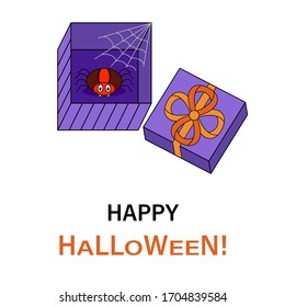 Cartoon red spider is sitting in purple box. Open gift box with funny smiling arachnid inside. Happy Halloween text. Flat vector illustration. Design for Halloween card, invitation.