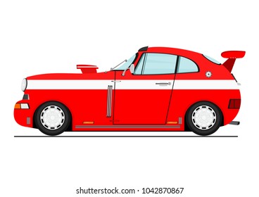 Cartoon red sports car. Side view. Flat vector.