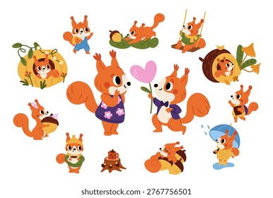 Cartoon red squirrels. Cute fluffy creatures. Forest dwellers climbing trees. Amusing wildlife characters in various poses. Autumn season. Furry animals in burrow with acorn. Happy mammals vector set