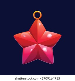 Cartoon red star Christmas tree decoration with a loop for hanging. Vintage vector bauble ornament with festive glow, classic winter xmas decor creating merry sparkle for New Year holiday celebration