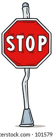 Cartoon red stop traffic sign on steel pole isolated on white background. Vector icon.
