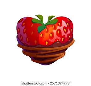 Cartoon red strawberry dipped in chocolate combining sweetness and indulgence. Isolated vector heart berry, symbol of love, romance and Valentine day. Sweet treats for special moments and celebrations