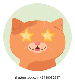 Cartoon red tabby cat with stars in his eyes. The cat is delighted and looks at the object of adoration. Vector illustration