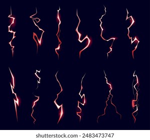 Cartoon red thunder effect. Electric power. Lightnings glow hit. Thunderbolt strikes. Game magical spell attack. Electricity energy discharges. Vector thunderstorm dazzle