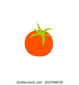 Cartoon red tomato isolated. Vector stock illustration runoff of a red tomato with a green leaf. Vegetable culture of the nightshade family on white background.