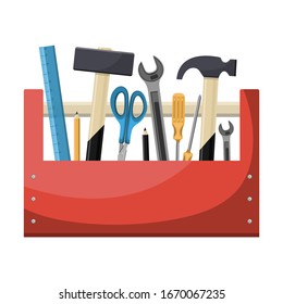 Cartoon red toolbox with ruler, hammers, screwdriver, wrench ... Vector illustration