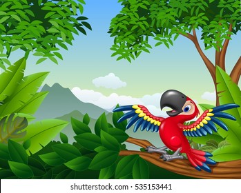 Cartoon red toucan in the jungle