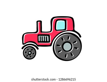 Cartoon  Red Tractor on the white background. Vector illustration.
