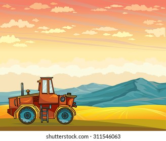 Cartoon red tractor and yellow field on a sunset cloudy sky. Vector summer rural landscape.