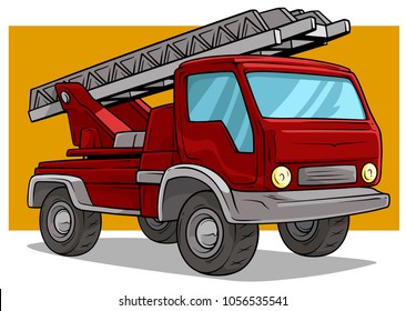 Cartoon red transportation onboard cargo truck with big wheels and metal ladder. On yellow background. Vector icon.