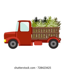 A cartoon red truck carrying green Christmas trees. Transportation of natural eco friendly product. Vector object, isolated on white, can be used for  New Year and Christmas cards and banners.