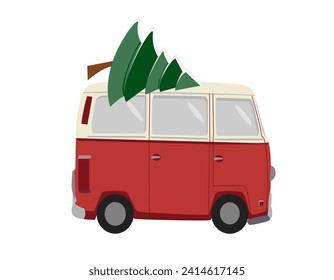 Cartoon red truck with Christmas tree on roof riding on white background. Concept of happy Christmas celebrating, winter holidays decoration. Vector flat illustration