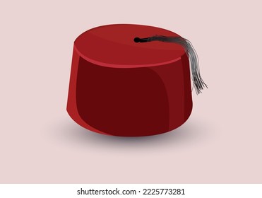 Cartoon red Turkish hat fez with black tassel. Isolated on white background. Vector icon.