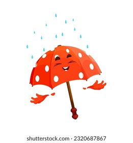 Cartoon red umbrella character with rain drops. Amusing vector parasol with smiling face exuding positive emotions enjoying rain shower. Isolated gingham personage with polka dots for climate forecast