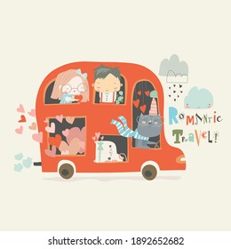 Cartoon red valentines day bus with couples in love