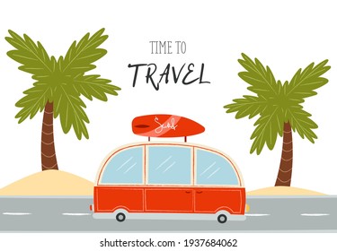Caricatura de la camioneta roja en la carretera. Calle en la playa con palmeras. Dibujo dibujado a mano de textura de corte.Vector 