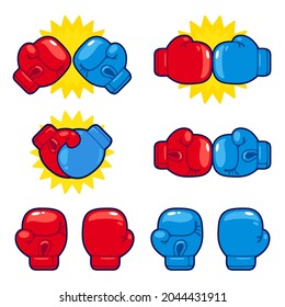 Cartoon red vs blue boxing gloves set. Boxing match opponents, competition icons. Isolated vector illustration.
