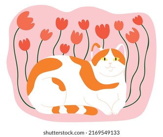 Cartoon red and white cat, made in the style of flat art, sits in a poppy on a pale pink background
