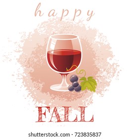 Cartoon red wine glass with grapes. Autumn grunge splash design, seasonal greeting card. Hello fall poster. Holiday banner. Beautiful nature icon, white background isolated, vector illustration flyer