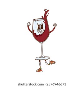 Cartoon red wine glass groovy cute character. Cabernet, burgundy or bordeaux luxury beverage glassware groovy vector personage. Splashing in glass goblet red wine isolated cartoon cheerful character