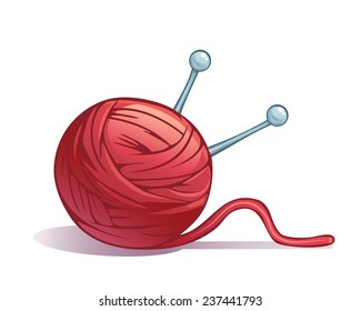 Cartoon red wool ball with knitting needles 