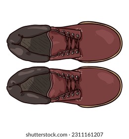 Cartoon Red Work Boots. Top View Vector Illustration