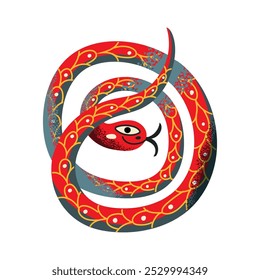 Cartoon red yellow gray snake illustration isolated on transparent background. Colorful bright symbol of Chinese New Year for postcards, banner, poster.