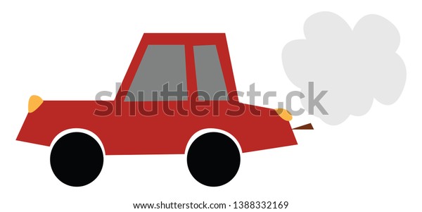 A cartoon red-colored car with black wheels\
and yellow lights emit smoke while traveling  vector  color drawing\
or illustration