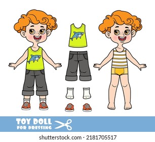 Cartoon redhaired boy dressed and clothes separately - T-shirt with shark print, shorts  and sneakers doll for dressing