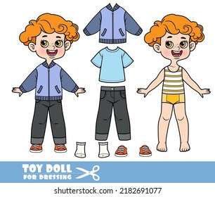 Cartoon redhaired boy dressed and clothes separately -blueT-shirt, black jeans, cardigan and sneakers doll for dressing