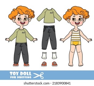 Cartoon redhaired boy dressed and clothes separately -  T-shirt with long sleeve, black jeans and sneakers doll for dressing